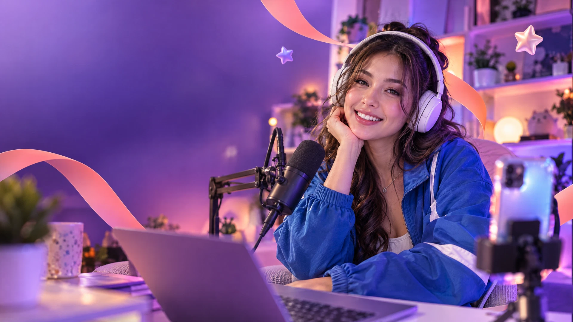 Fictional lifestyle creator hosting a colorful livestream