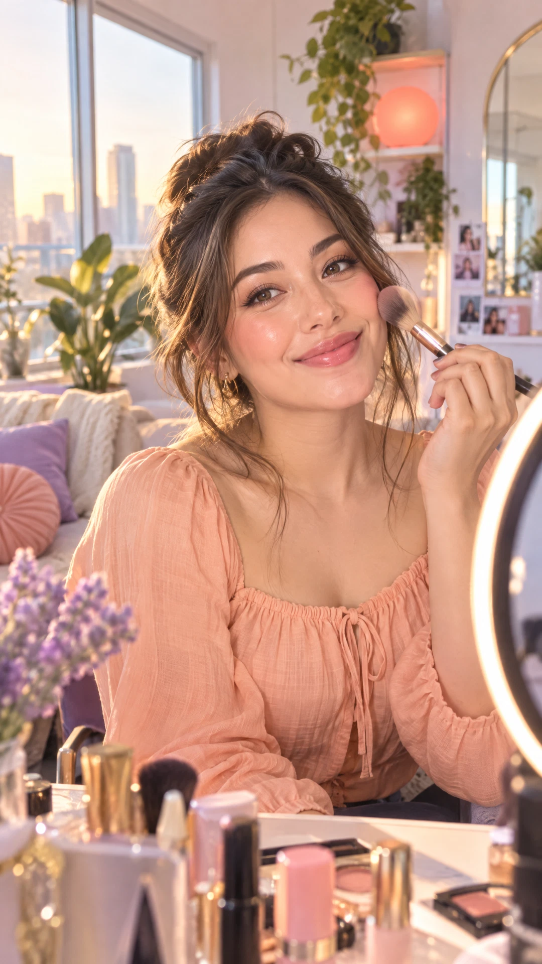 Fictional adult beauty creator sharing a makeup routine